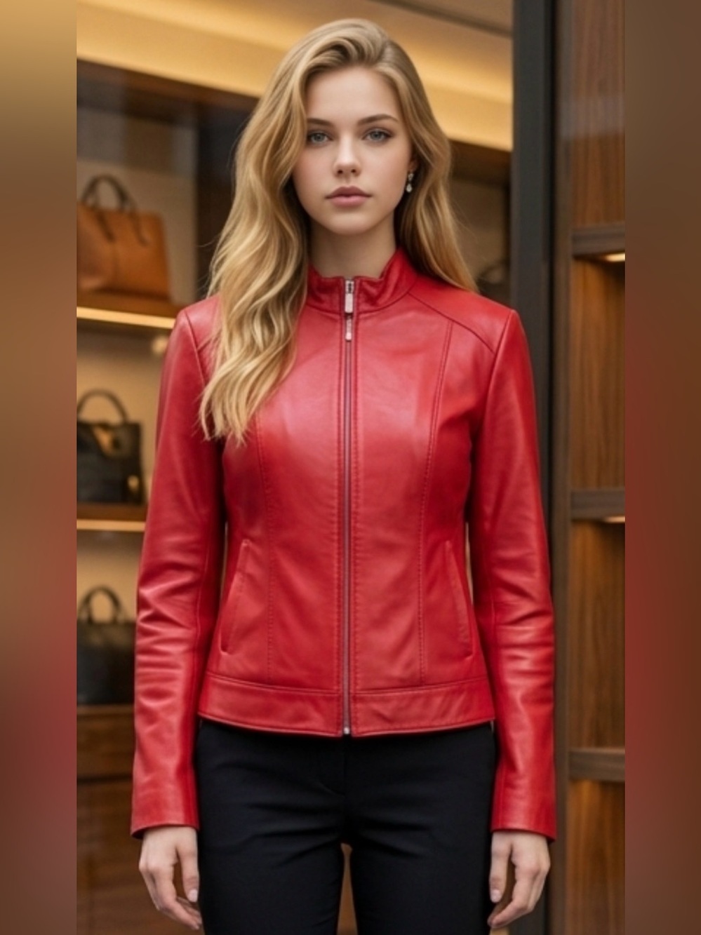 Women's Red Leather Zip-Front Jacket